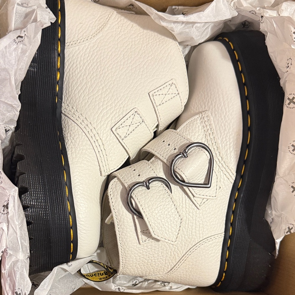 Dr. Martens White Leather Boots with Heart Buckles